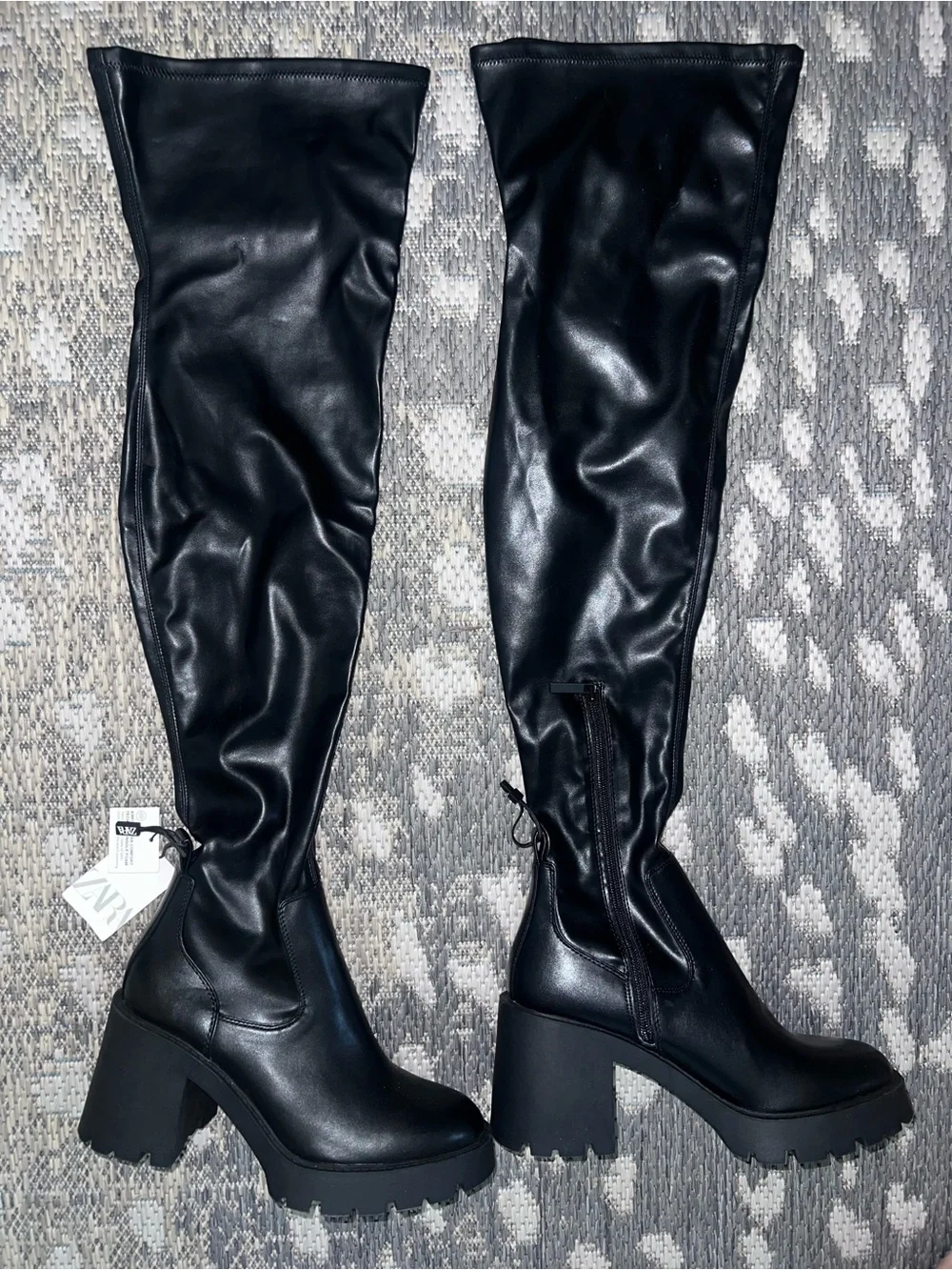Zara Black Faux-Leather Over-The-Knee Chunky Heel Boots